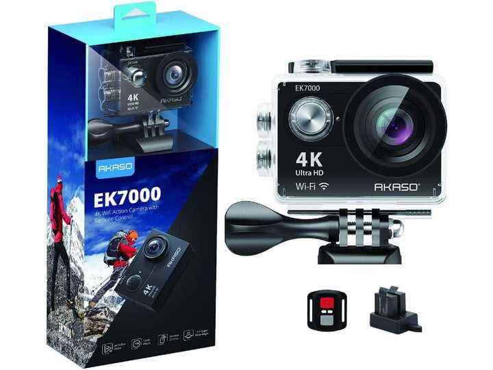 AKASO EK7000 4K30FPS Aksiyon Kamerası Ultra HD Sualtı Kamerası aksesuarlarıyla birlikte kutuda.