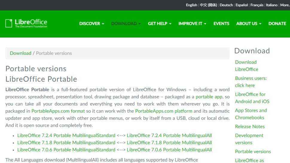 LibreOffice Portable için web sitesi ekran görüntüsü