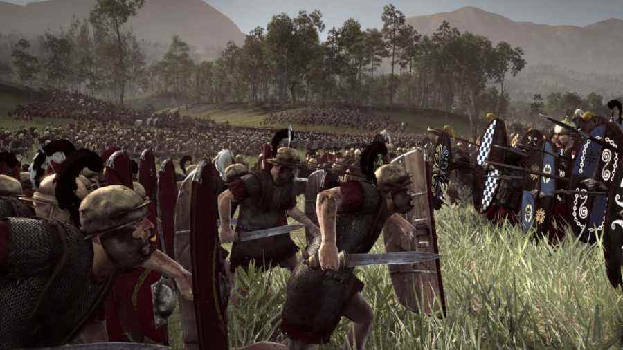 Bir Roma ordusu bir Galya ordusuna hücum ediyor.  Her iki tarafın da çok büyük kalkanları var.
