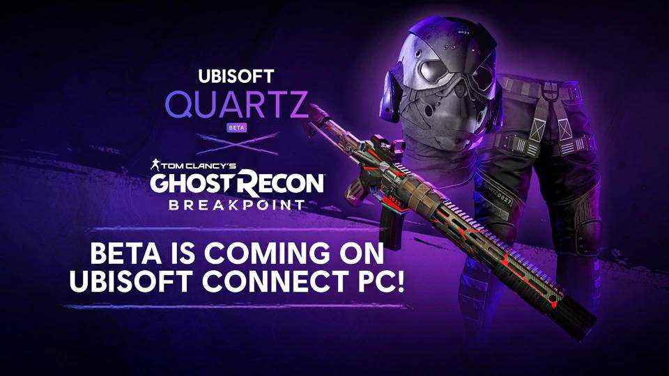 Oyuncuların satın alabileceği veya kazanabileceği NFT maskesini, makasları ve silah görünümünü gösteren Ubisoft Quartz afişi