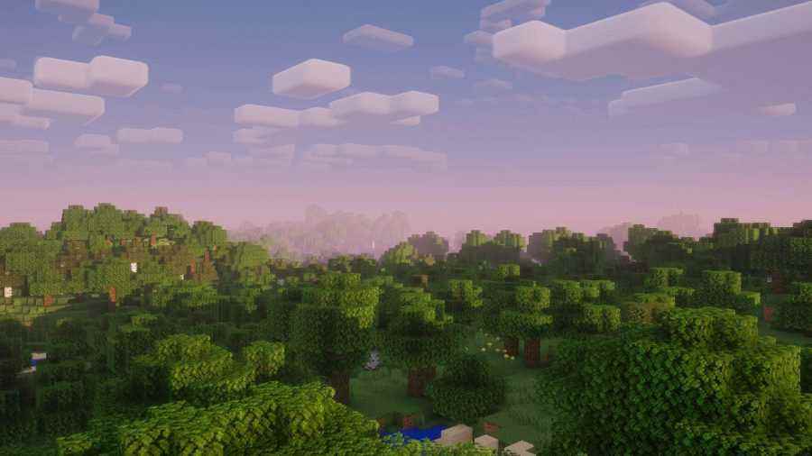 Gün batımı sırasında Nostalgia Minecraft Shader'daki silüet ve ağaçların görünümü.