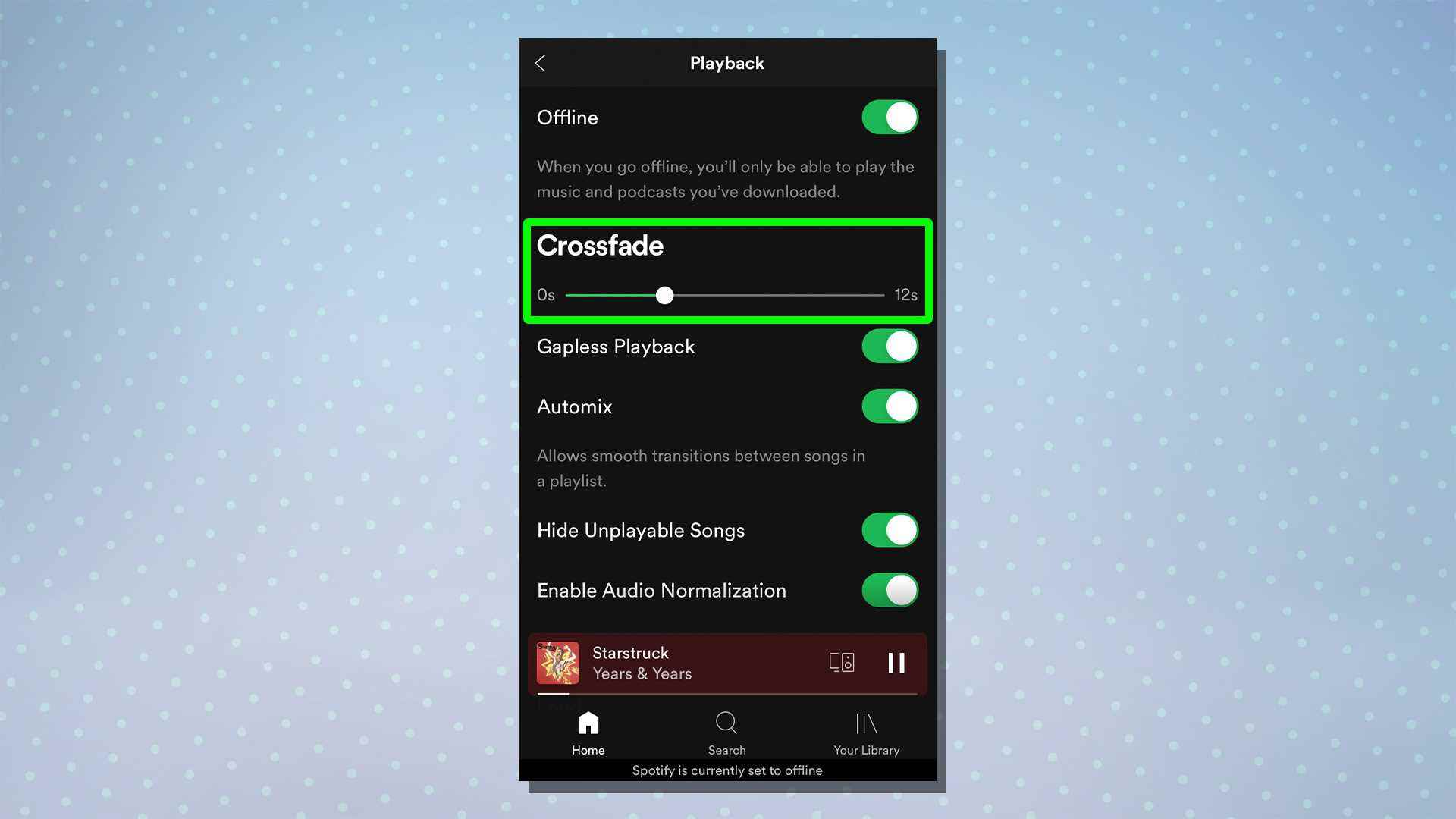 Çapraz geçiş özelliğini gösteren Spotify'dan bir ekran görüntüsü