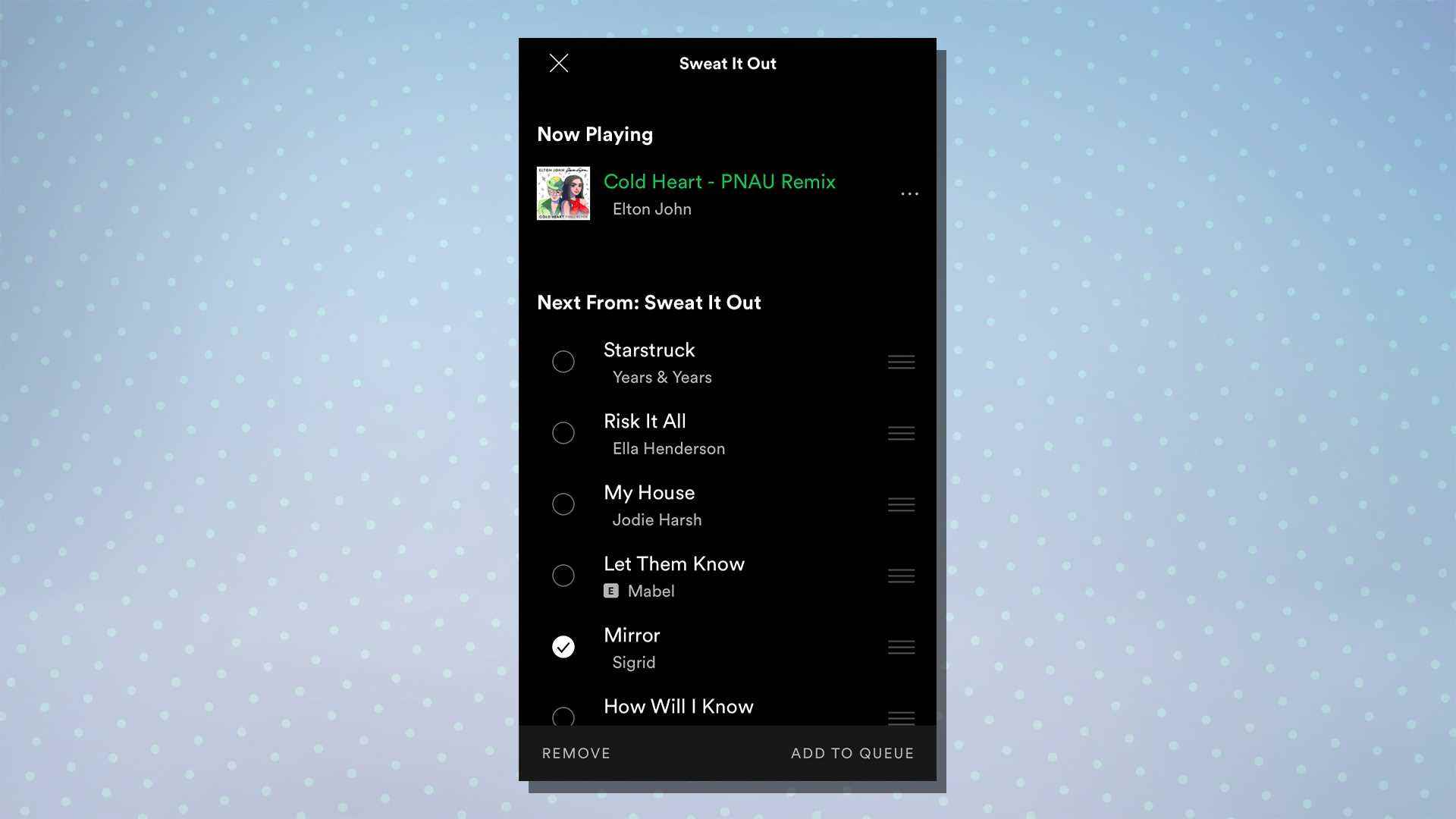 Egzersiz özelliğini gösteren Spotify'dan bir ekran görüntüsü