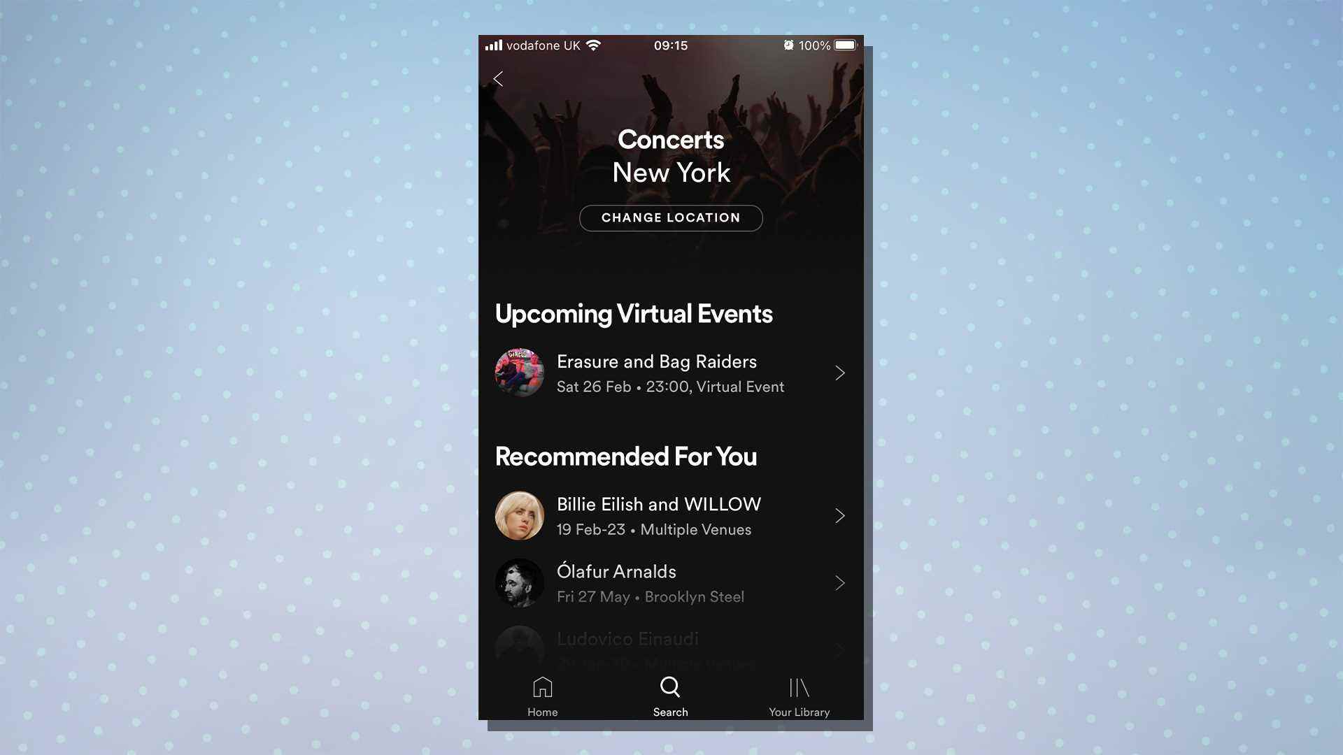 Spotify'dan konser biletleri özelliğini gösteren bir ekran görüntüsü