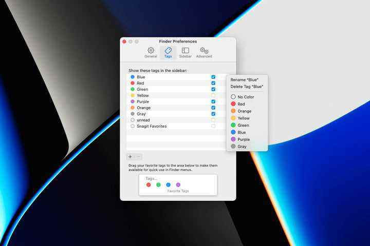 Finder'da etiketleme seçenekleri, Mac'te Tercihler.
