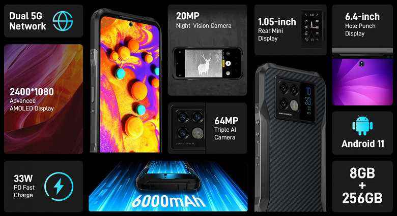 6000 mAh, çift ekran, 64 megapiksel, 20 megapiksel kızılötesi kamera, 33 W ve IP68.  Güvenli akıllı telefon Doogee V20 için ön siparişlerin maliyeti ve başlangıç ​​tarihi