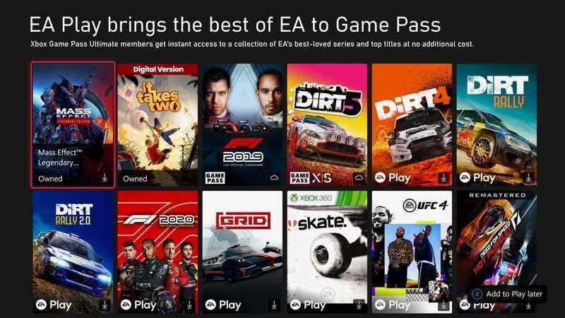 EA Play Xbox Game Pass kitaplığı