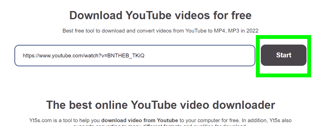 Bir kutu, youtube videolarını yt5s.com'dan indirme sürecinde seçilen Başlat düğmesini vurgular