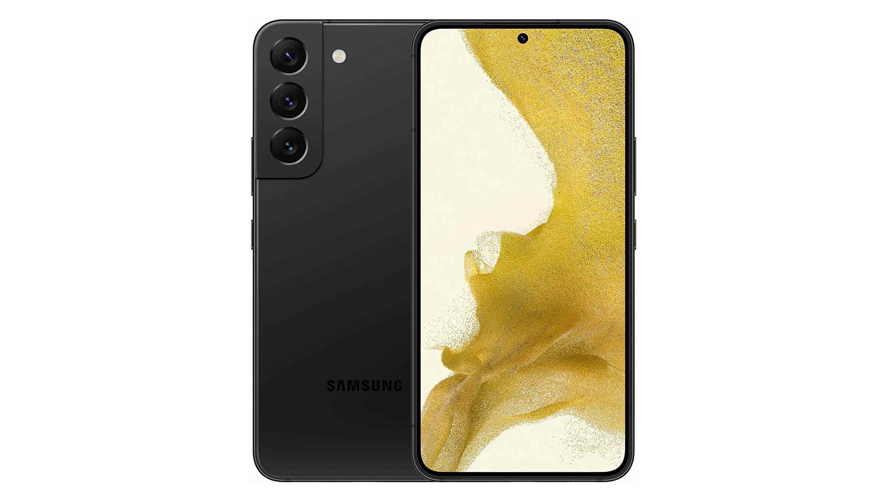 Önden ve arkadan siyah bir Samsung Galaxy S22