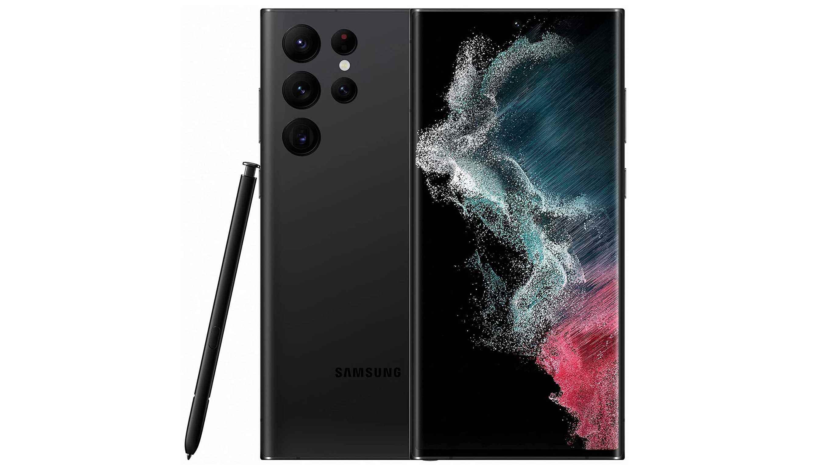 Önden ve arkadan siyah renkte bir Samsung Galaxy S22 Ultra