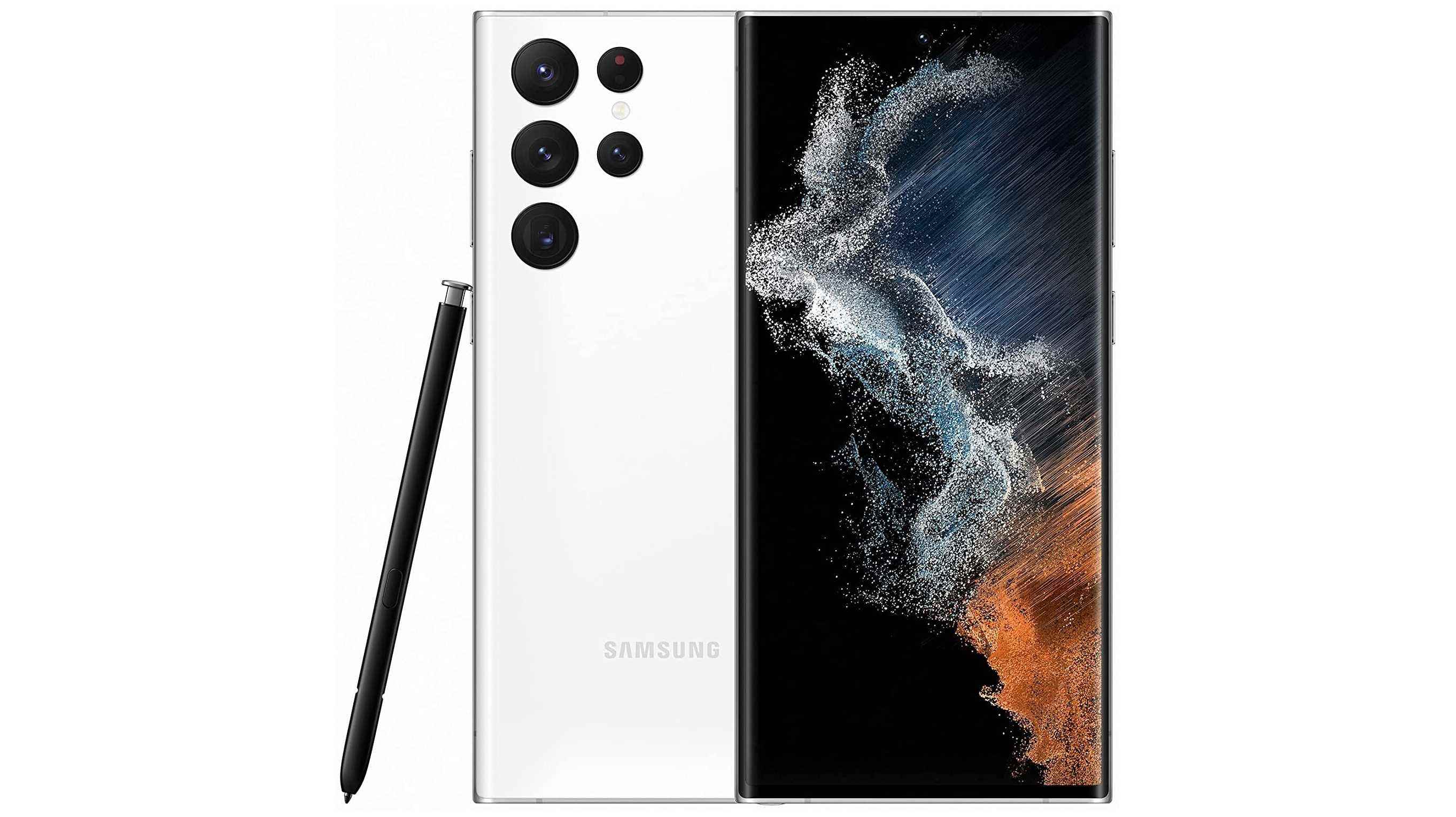 Önden ve arkadan beyaz renkte bir Samsung Galaxy S22 Ultra