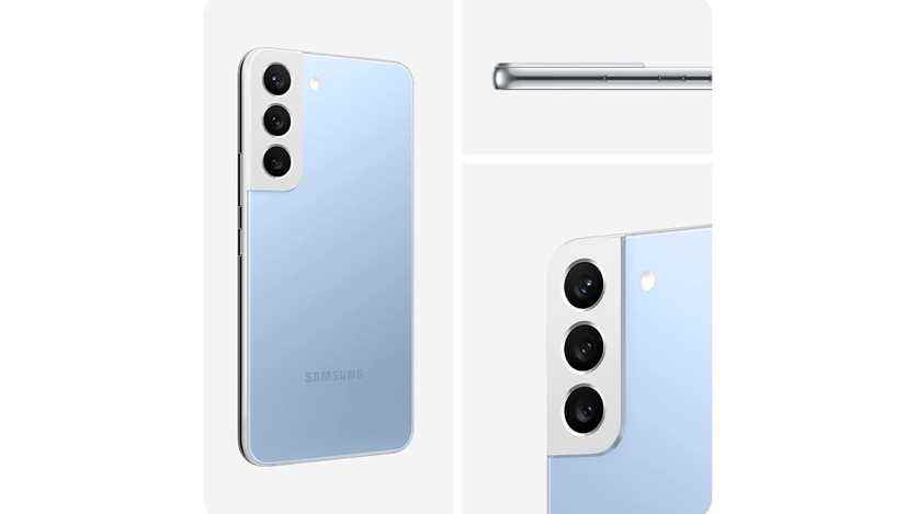 Çeşitli açılardan Gök Mavisi renginde bir Samsung Galaxy S22