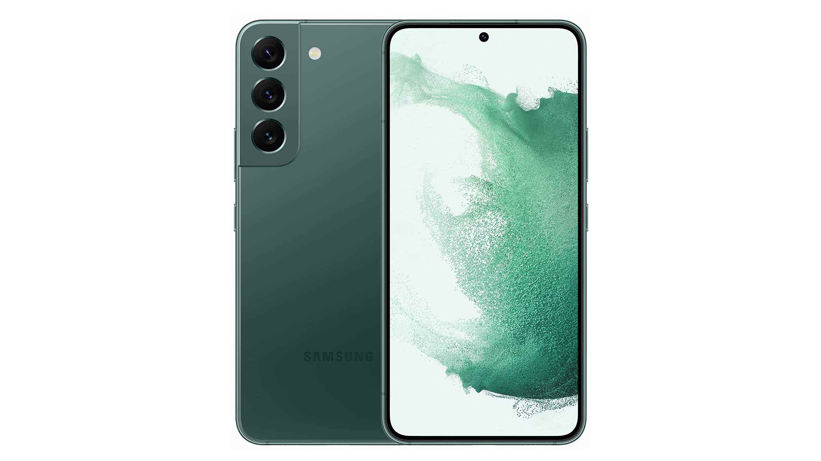 Önden ve arkadan yeşil renkte bir Samsung Galaxy S22