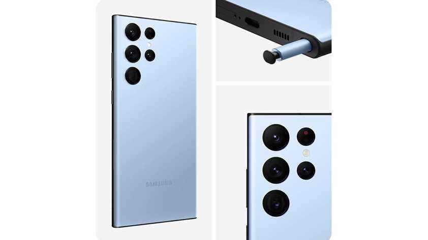 Çeşitli açılardan Gök Mavisi renginde bir Samsung Galaxy S22 Ultra