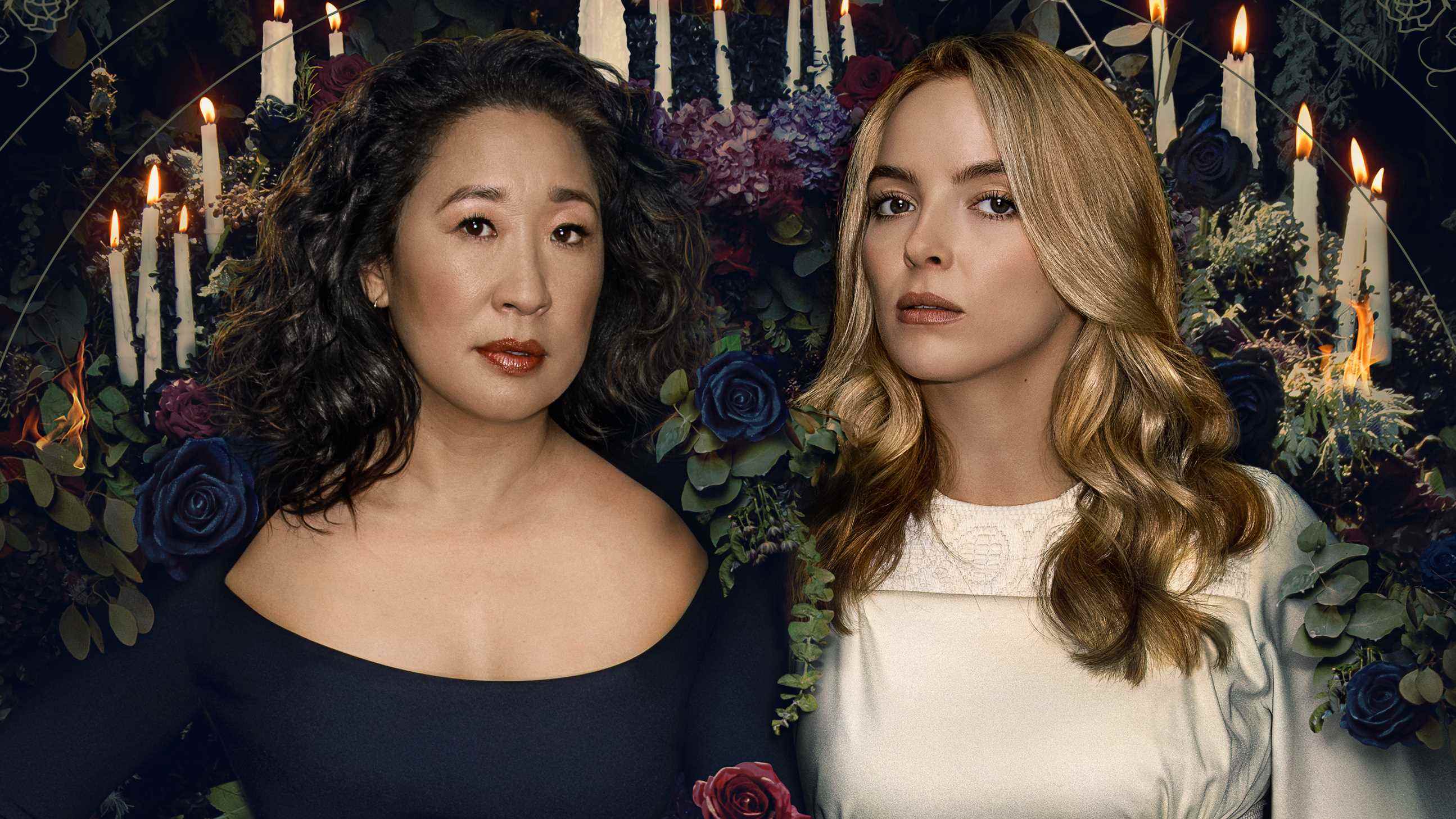 (LR) Sandra Oh, Eve Polastri rolünde, Jodie Comer, Killing Eve _ Sezon 4'te Villanelle rolünde, Temel Sanat - Fotoğraf Kredisi: