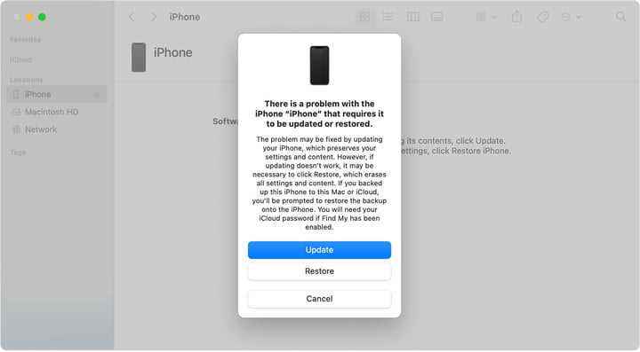 Bir iPhone'u güncellemek veya geri yüklemek için kurtarma modu ekranı.