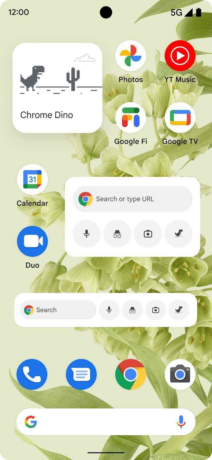 Yeni Google Chrome widget'lı Android ana ekranının ekran görüntüsü.