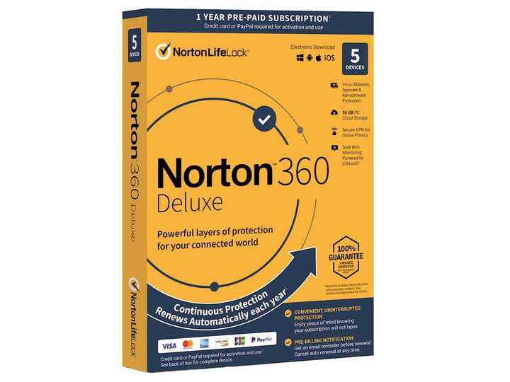 LifeLock ile Norton 360 Deluxe antivirüs yazılımının kutusu.