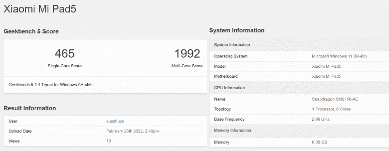 Windows 11 ARM'li Xiaomi Mi Pad 5 tablet, Geekbench'te test edildi