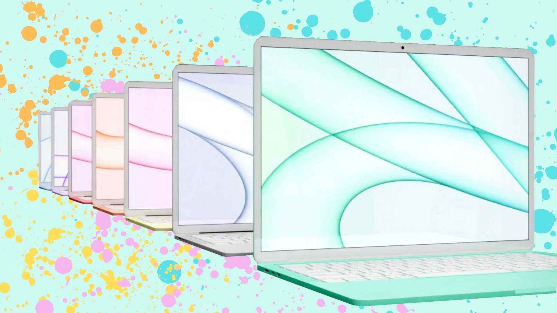 Sıçrayan, pastel bir arka plana karşı renkli bir dizi MacBook Air dizüstü bilgisayar