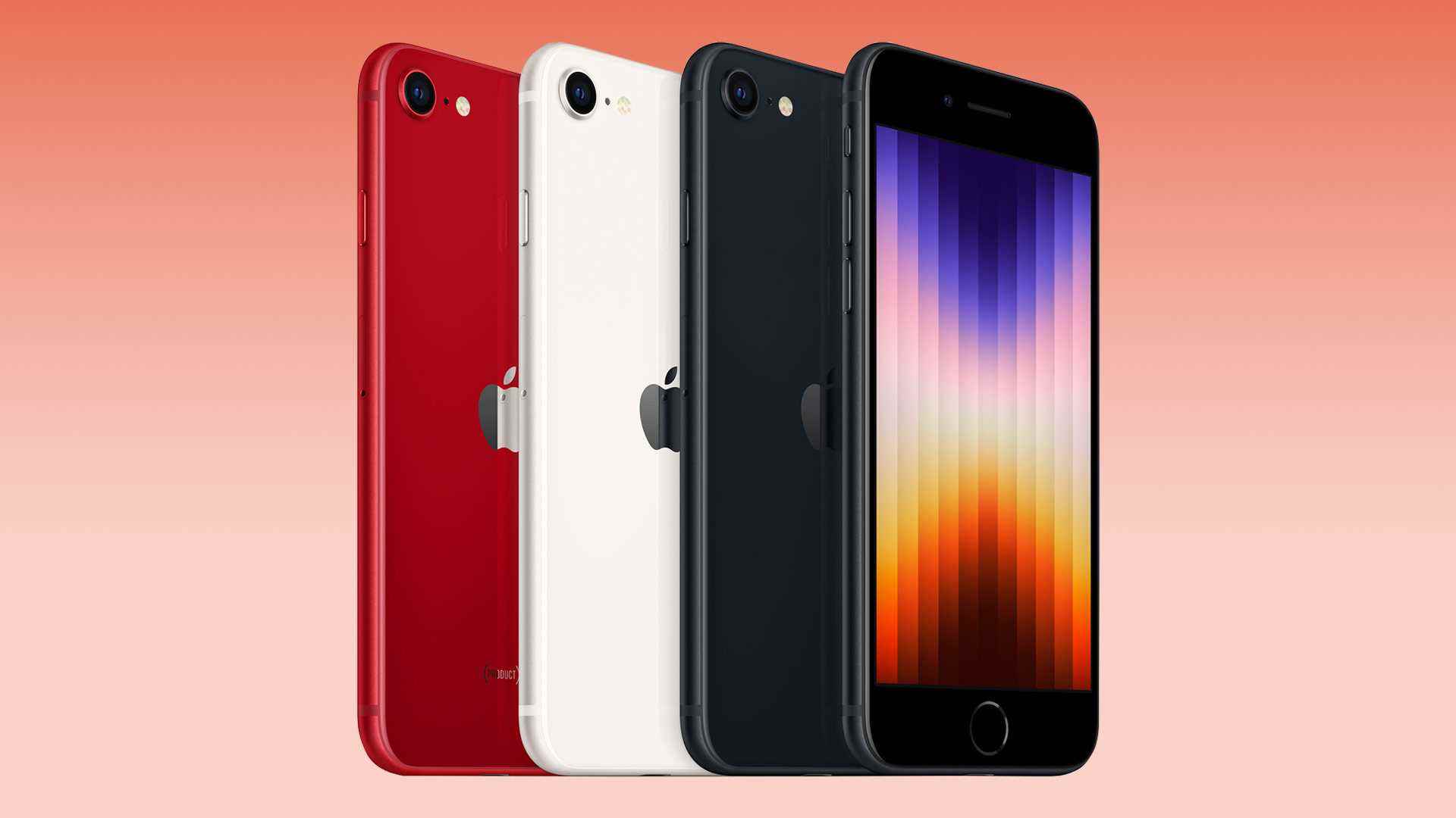 Kırmızı bir arka plan üzerinde Apple iPhone SE (2022) renk dizisi