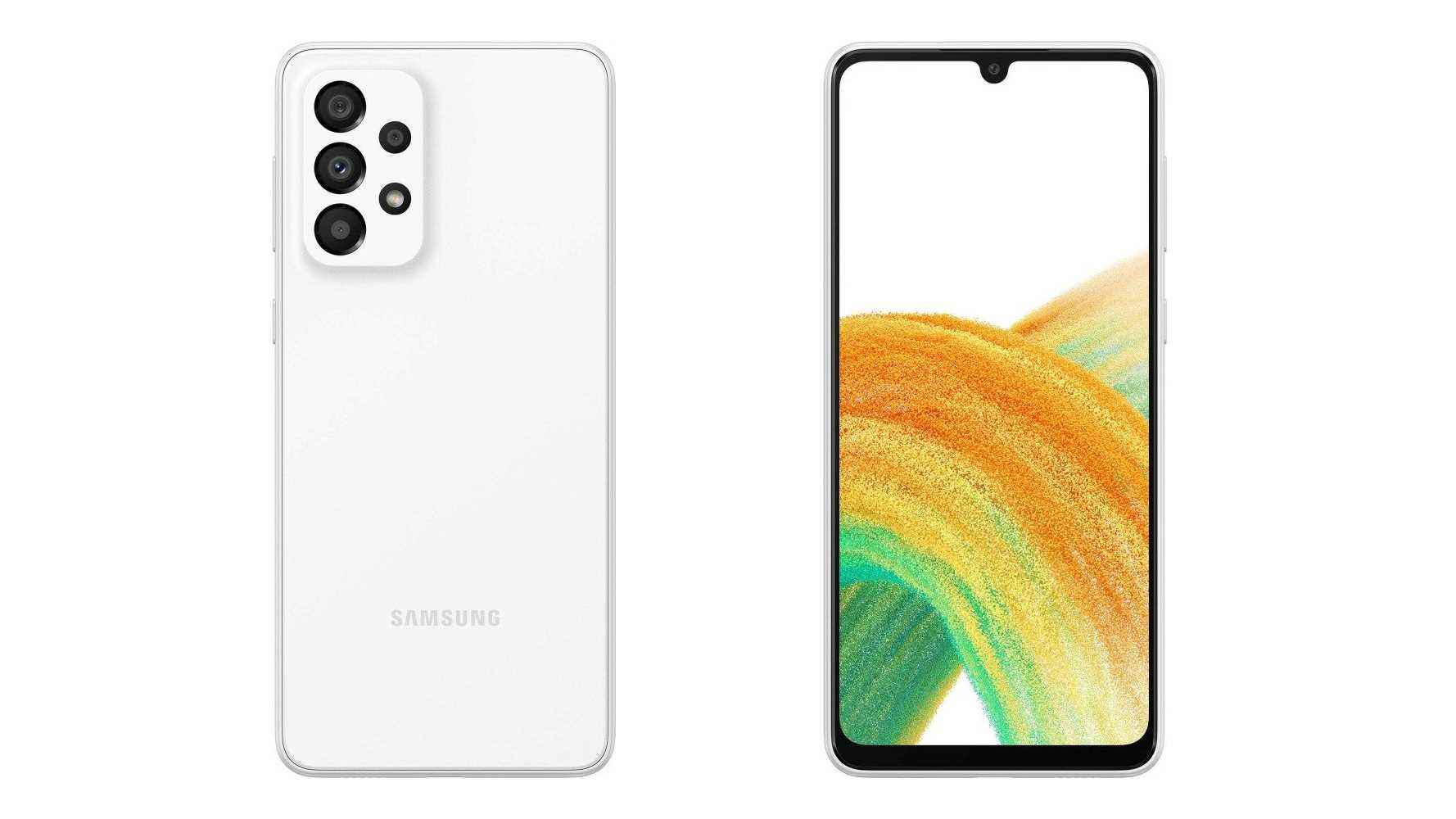 Samsung Galaxy A33 5G'nin önden ve arkadan beyaz renkte sızdırılmış bir görüntüsü