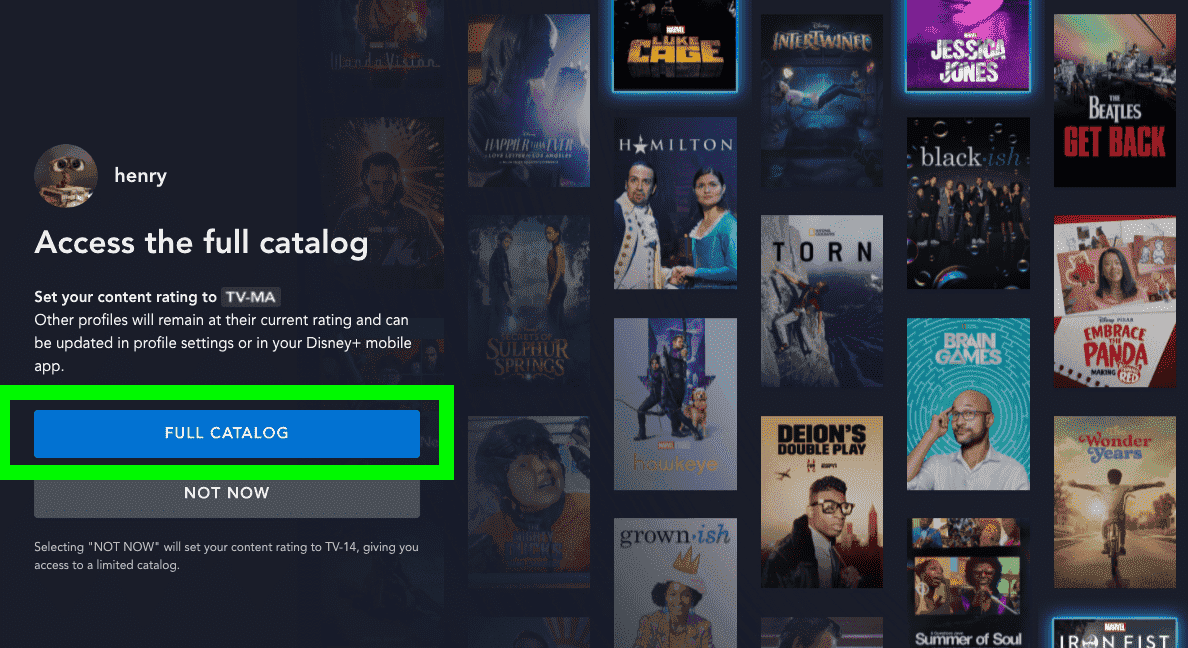 TV-MA içeriği için ebeveyn denetimlerini ayarlamak için Disney Plus oturum açma ekranında Tam Katalog düğmesi vurgulanır