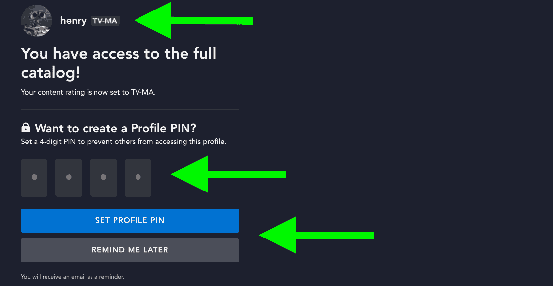 Profil erişim düzeyiniz ve PIN kodu kurulum seçenekleriniz, TV-MA içeriği için ebeveyn denetimlerini ayarlamak üzere Disney Plus oturum açma ekranında vurgulanır.