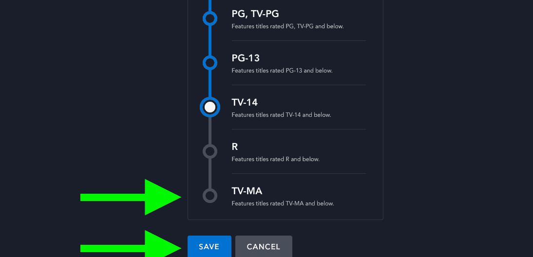 Oklar, Disney Plus'ın Profil İçeriği Ayarları sayfasında TV-MA seçeneğini ve Kaydet düğmesini işaret ediyor