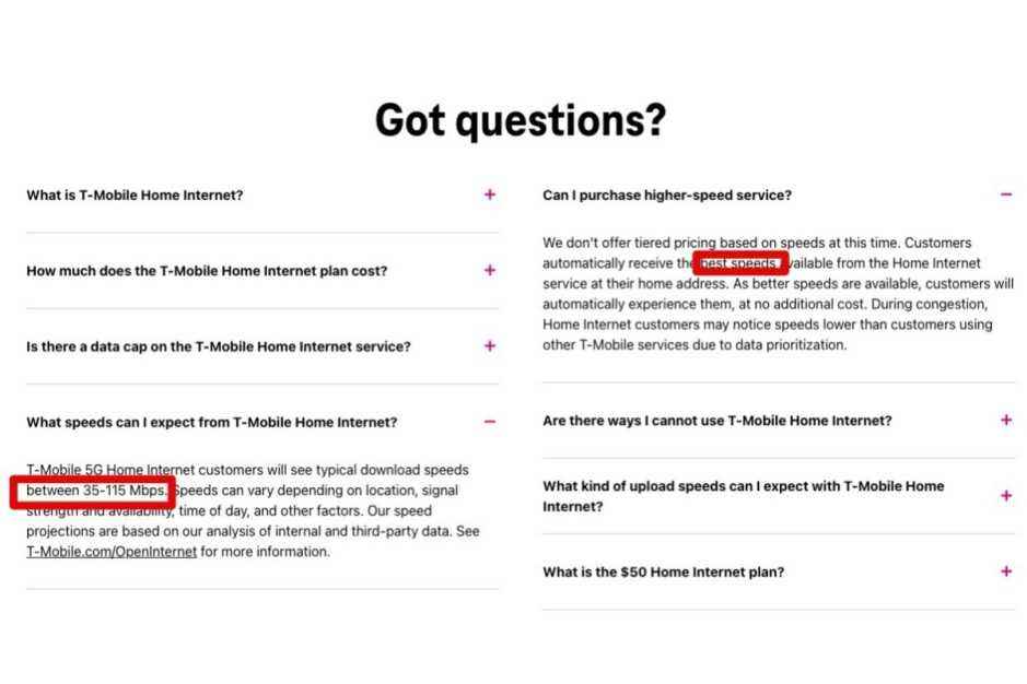 T-Mobile'ın internet sitesindeki tartışmalı hız iddiaları bu resimde öne çıkıyor.  - T-Mobile'ın 5G Ev İnternet reklamcılığından yanıltıcı '5G'yi kaldırması gerekebilir
