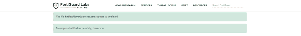 RobloxPlayer.exe Fortguard Labs Tarama Sonuçları