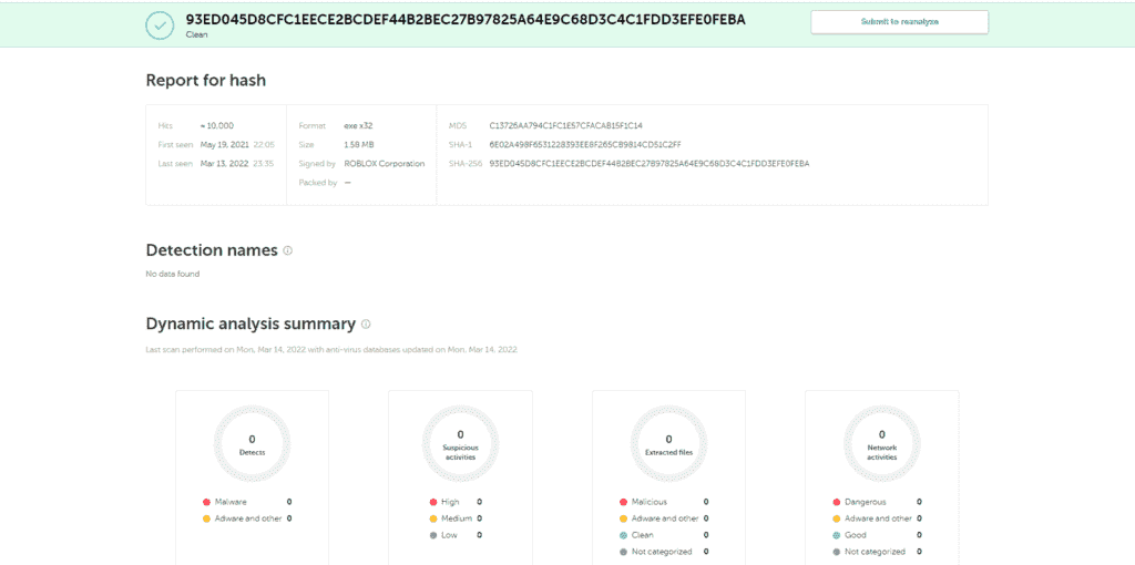 RobloxPlayer.exe Kaspersky Tarama Sonuçları