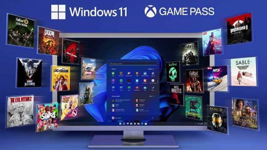 Mavi zemin üzerinde oyun logoları ve sahte monitör ile Windows 11 Xbox Game Pass reklamı