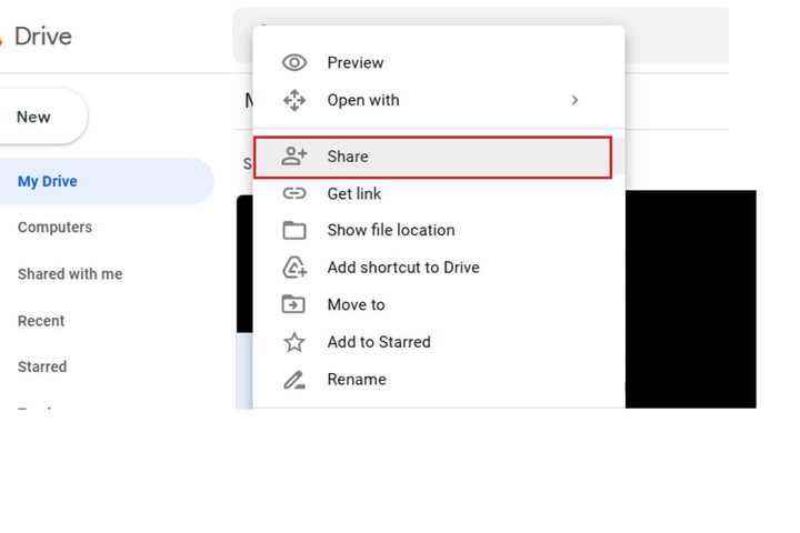 Google Drive'ın Paylaş menü seçeneği.