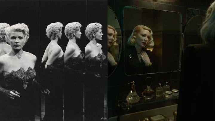 Rita Hayworth'un Şanghaylı Kadın'daki ve Kabus Yolu'ndaki Cate Blanchett'in bölünmüş görüntüsü.