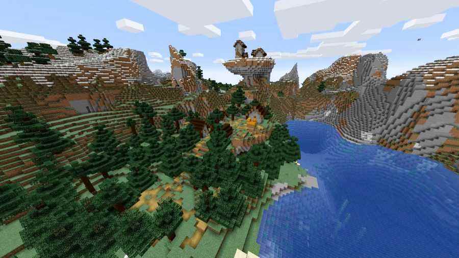 En iyi Minecraft tohumları: karlı bir dağ platosunda birkaç ev bulunan bir tayga biyomunda bir Minecraft köyü