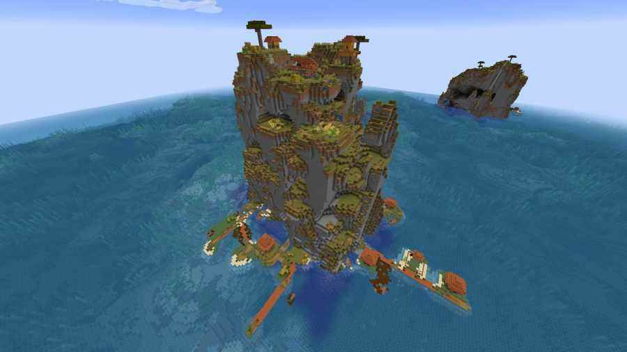 En iyi Minecraft tohumları: Uzun, kayalık bir adaya inşa edilmiş bir Minecraft 1.18 köyü