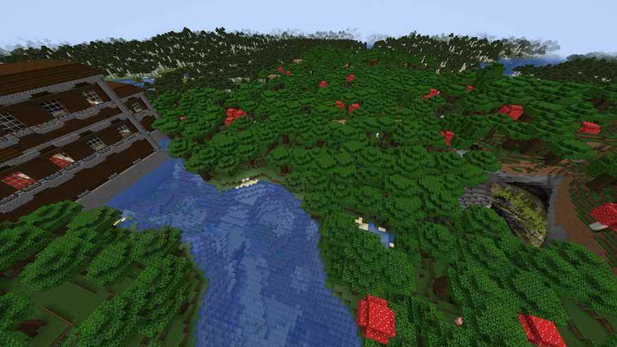 En iyi Minecraft tohumları: Minecraft'ta bir nehir kıyısında, yemyeşil bir mağaranın karşısında bir ormanlık konak