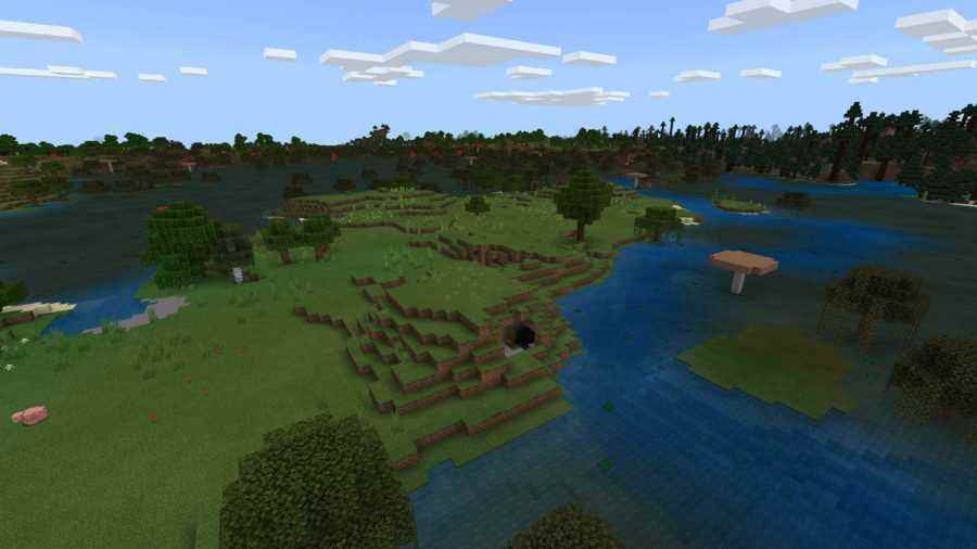 En iyi Minecraft tohumları: Minecraft'ta ağaçlarla dolu tepelik bir adanın etrafında kıvrılan mavi yarı saydam su nehri ile yemyeşil bir bataklık