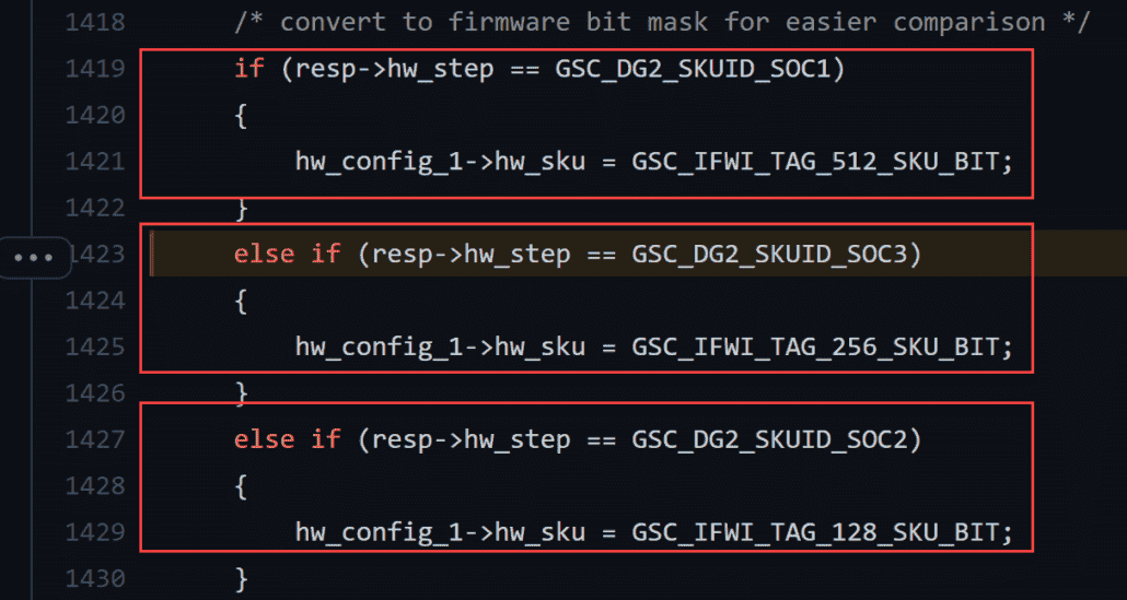 Linux'ta referans verilen Intel Arc DG2 serisi, SOC1, SOC2 ve SOC3 GPU'ları içerir.  (Resim Kredisi: Github)