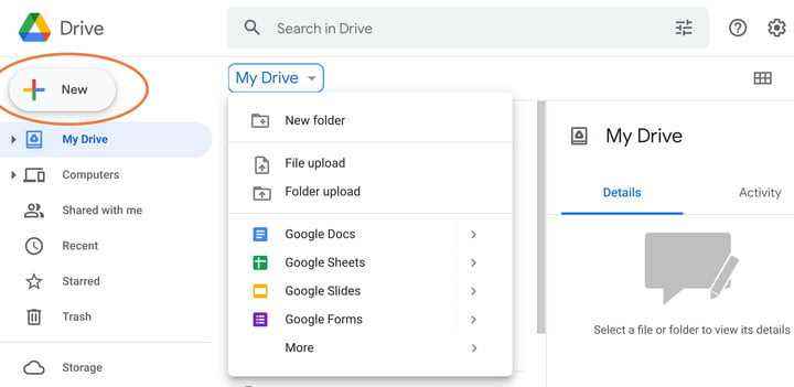 Google Drive'da Yeni'yi seçin.