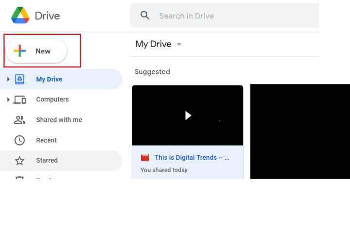 Google Drive kontrol panelindeki Yeni düğmesi.