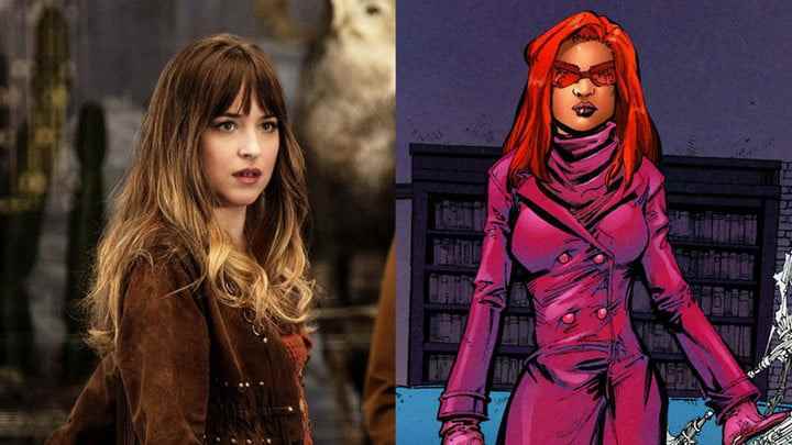 Dakota Johnson ve Madame Web'i gösteren bölünmüş görüntü.