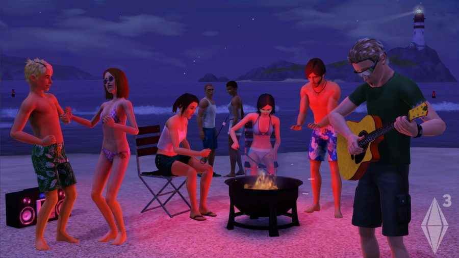 The Sims 3 oyununda birçok Sims karakteri bir kumsalda parti yapıyor