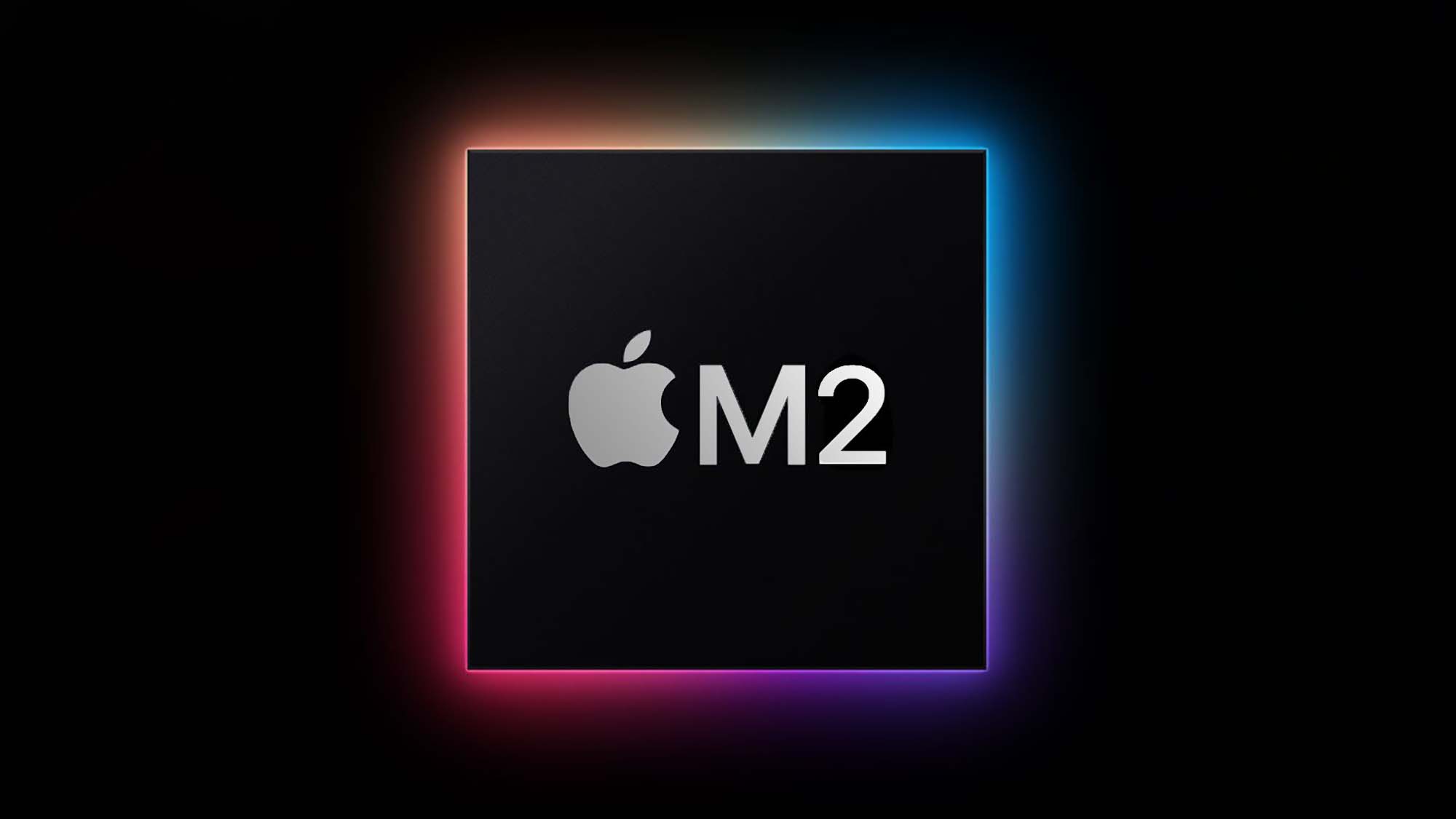 Gökkuşağı ışığıyla çevrelenmiş siyah bir kare ve ortada Apple logosu ve M2