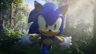 Sonic Frontiers'da bir ormanın içinden hızla geçen Sonic.