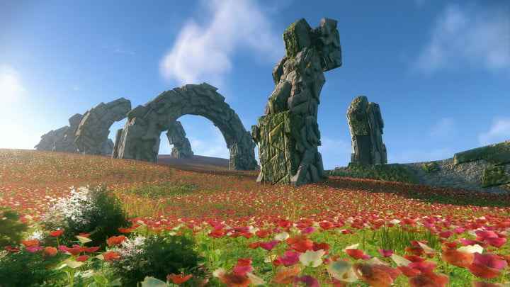 Kalıntılar ve çiçeklerle dolu Sonic Frontiers manzarası.