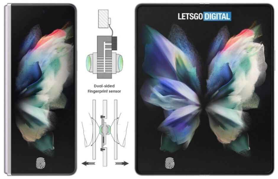 Görüntü, Samsung tarafından yapılan ve LetsGo Digital tarafından hazırlanan bir patent başvurusuna dayanıyor - Samsung'un 5G Galaxy Fold 4'te parmak izi tarayıcısının nereye gideceğine karar verdiği bildiriliyor