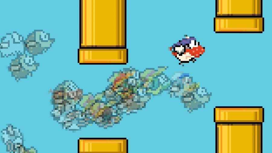 En iyi io oyunlarından biri olan Flappy Royale.io'da sarı borular arasında mavi bir arka planın önünde kanat çırpan 99 kuş