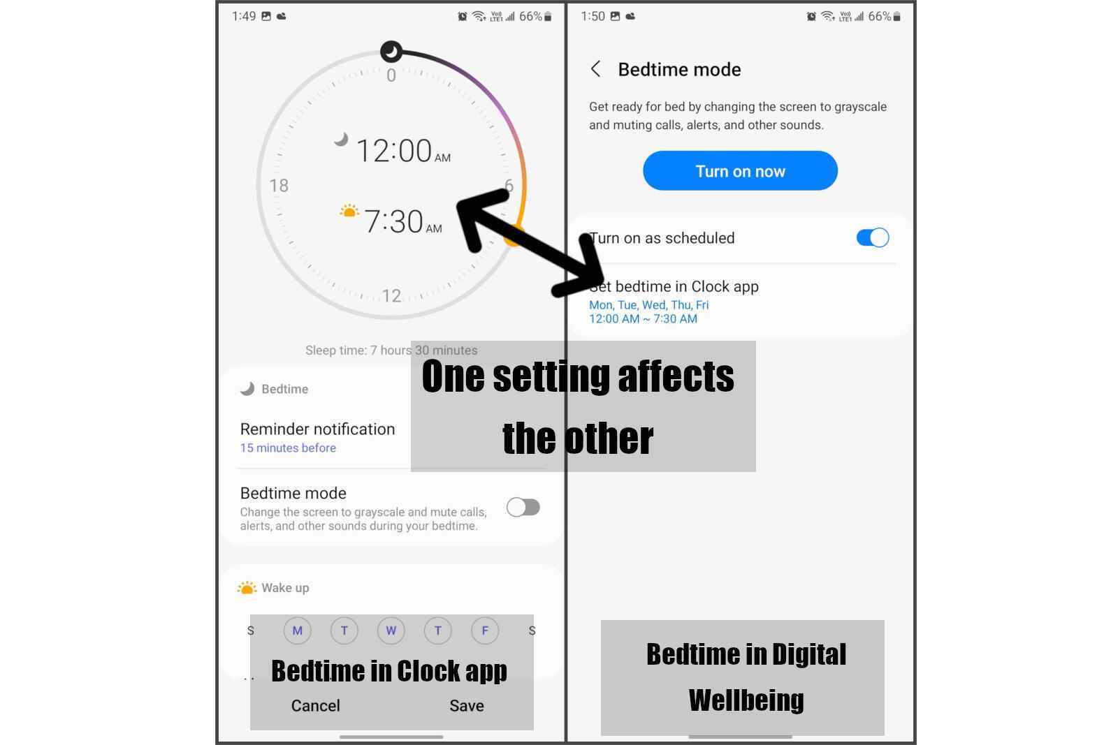 Solda Saat Uyku Vakti, sağda Digital Wellbeing Uyku Vakti - Galaxy S22'deki Uyku Vakti Modu tam bir karmaşa.  onu çözelim